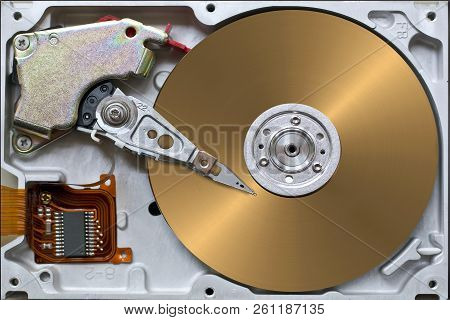 Electro Mechanical Parts Of Open Hard Drive Disk .