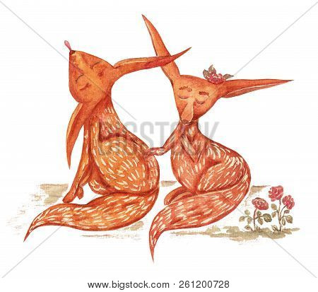 Funny Cartoon Fox Family Isolated On White Background. Cute, Funny Animal, Fox Character With Green 