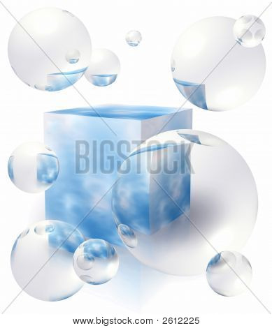 Bolhas que flutuam ao redor da caixa com céu azul