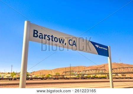 Barstow, California, Usa - August 15, 2018: Amtrak Sign At Barstow Train Station On Blue Sky. Train 