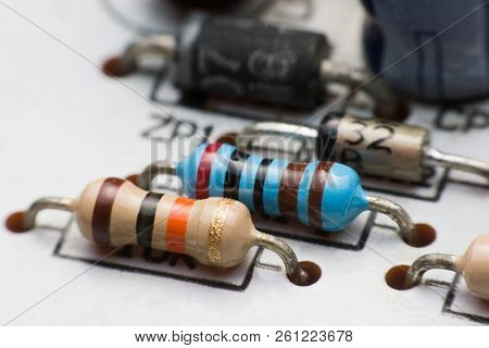 Resistor, Capacitor And Diode On Circuit Board Close Up. Electronic Hardware