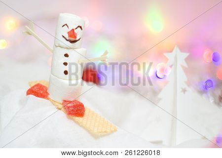Christmas And New Year Card With Snowman From Marshmallow, Chocolate Gingerbreadcookies And White Ch