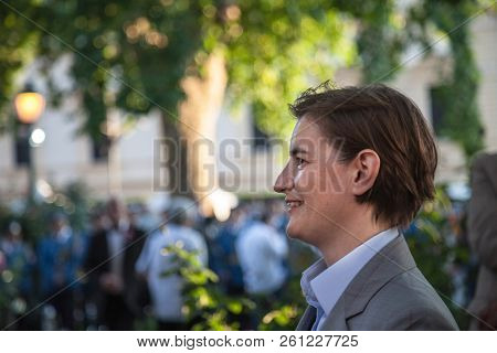 Belgrade, Serbia - July 14, 2018: Ana Brnabic, Serbian Prime Minister Smiling Listening To A Speech 