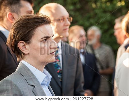 Belgrade, Serbia - July 14, 2018: Ana Brnabic, Serbian Prime Minister Listening To A Speech At Frenc