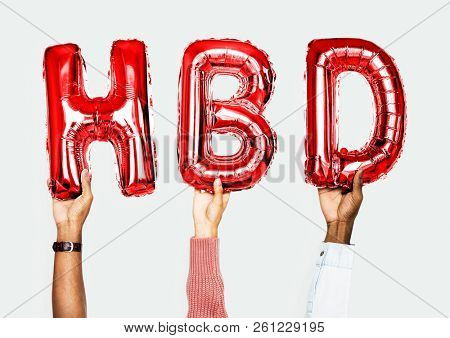 Red alphabet balloons forming the word HBD