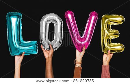 Hands showing love balloons word