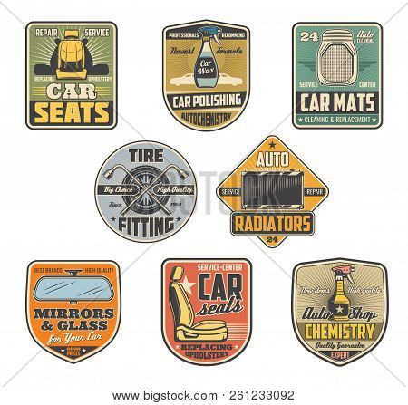 Car Repair Service Vintage Retro Icons For Auto Shop. Vector Vehicle Interior Parts, Mirrors And Gla