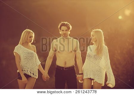 Beauty And Fashion. Love And Romance. Man With Muscular Body With Twins. Blonde And Guy With Athleti