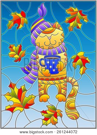 Illustration In Stained Glass Style With A Funny Cat In The Hat , The Scarf And A Mug Of Tea On The 