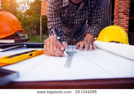 Architectural Work Site Desk Background Construction Project Ideas Concept, With Drawing Equipmen