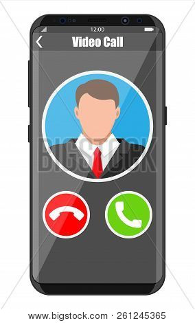 Incoming Video Call On Smartphone. Photo Of Man, Decline And Accept Buttons On Notebook Screen. Onli