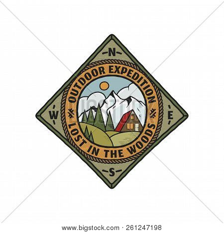 Wanderlust Logo Emblem. Vintage Hand Drawn Travel Badge. Featuring Wooden House Through The Mountain