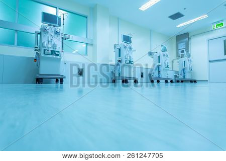 Hemodialysis Machines With Tubing And Installations. Health Care, Blood Purification, Kidney Failure