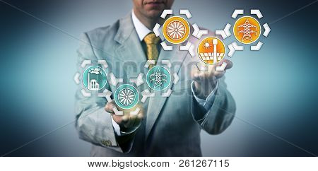 Businessman Raising Electric Power Generation Via Concentrating Solar Power Above Electricity Genera