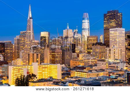 San Francisco downtown skyline Aerial view at sunset from Ina Coolbrith Park Hill in San Francisco, California, USA.