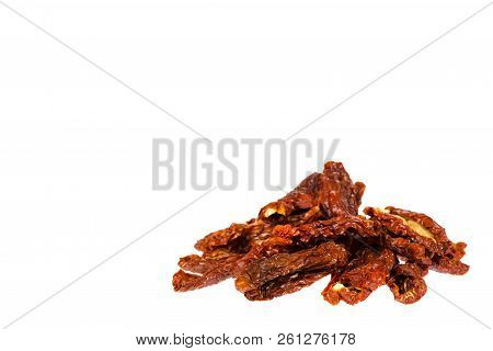Sun Dried Red Tomatoes Isolated On White Background, Copy Space Template
