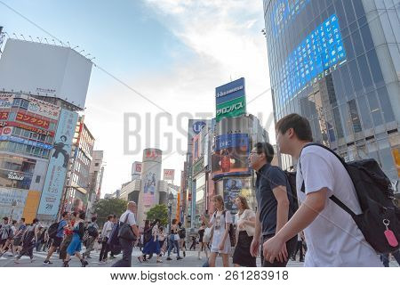 Shibuya, Tokyo, Japan - July 19, 2018: Pedestrians Crosswalk At Shibuya District In Tokyo, Japan. Sh