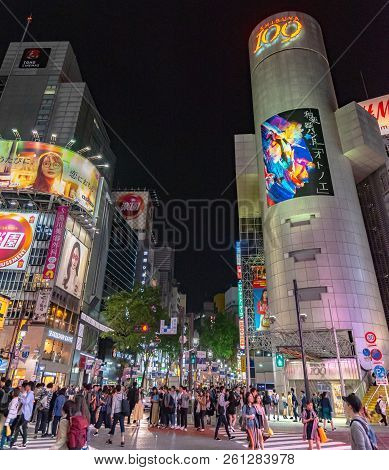 Shibuya, Tokyo, Japan - April 30, 2018: Pedestrians Crosswalk At Shibuya District In Tokyo, Japan. S