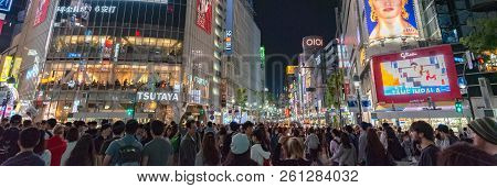 Shibuya, Tokyo, Japan - April 30, 2018: Pedestrians Crosswalk At Shibuya District In Tokyo, Japan. S