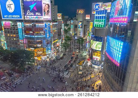 Shibuya, Tokyo, Japan - April 30, 2018: Pedestrians Crosswalk At Shibuya District In Tokyo, Japan. S