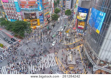 Shibuya, Tokyo, Japan - April 30, 2018: Pedestrians Crosswalk At Shibuya District In Tokyo, Japan. S