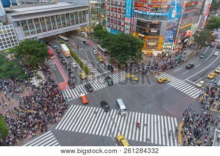 Shibuya, Tokyo, Japan - April 30, 2018: Pedestrians Crosswalk At Shibuya District In Tokyo, Japan. S