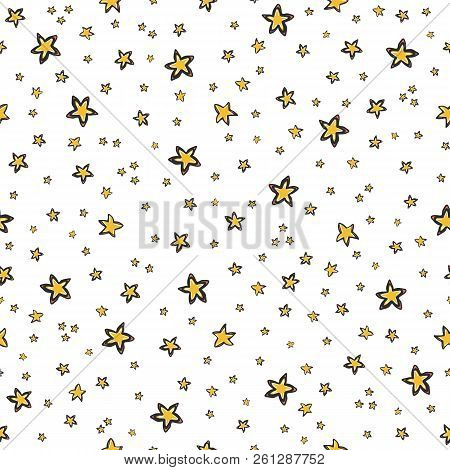 Starry Sky Seamless Vector Pattern, Hand Drawn Illustration Yellow