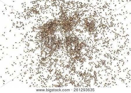 Lot Of Whole Fresh Mottled Chia Seeds Flatlay Isolated On White Background