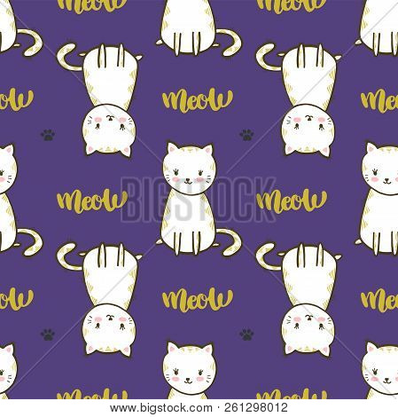 Vector Seamless Pattern With Cat And Meow Lettering.