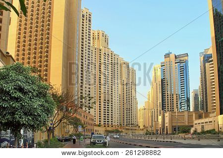 Dubai, Uae - May 08, 2018: A View Of Street At Jumeirah Beach Residence And Dubai Marina Timelapse H