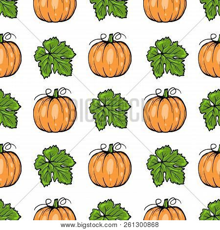 Vector Seamless Pattern, Orange Pumpkin With Leaves For Halloween