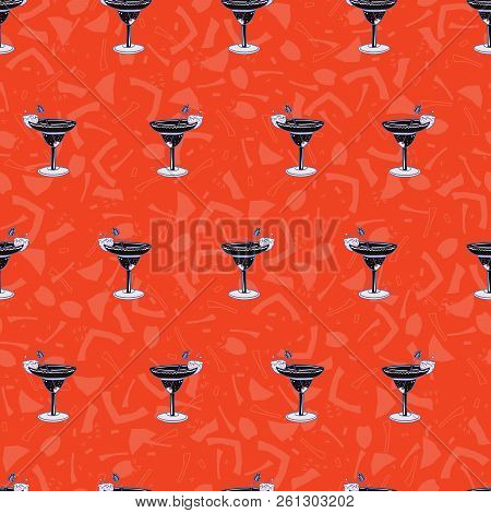 Mixed Drinks Cocktails Glass Seamless Vector Pattern, Drawn Bar Illustration