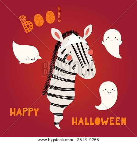 Hand Drawn Vector Illustration Of A Cute Funnny Zebra Japanese Ghost, With Text Happy Halloween. Iso