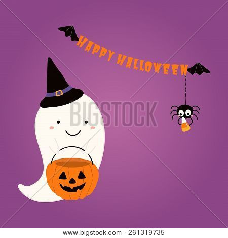 Hand Drawn Vector Illustration Of A Cute Funnny Ghost In A Witch Hat, With Candy Bag, Text Happy Hal