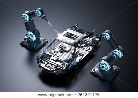 3d Rendering Robot Assembly Line In Car Factory On Black Background