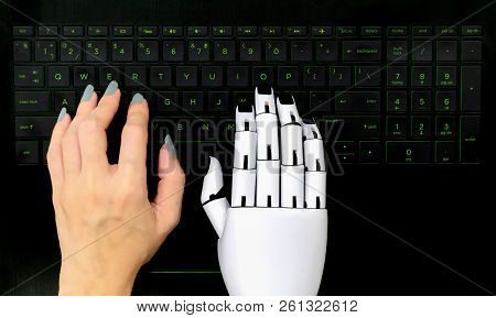 Robot Concept Chatbot Of Human Hand And Robot Hand Pressing Computer Keyboard Enter