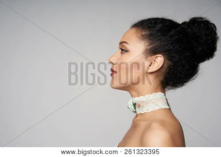 Beauty Profile Portrait Of Beautiful Mixed Race Woman Wearing Chocker