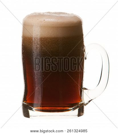 Cold Mug Of Dark Beer With Foam Isolated On White Background