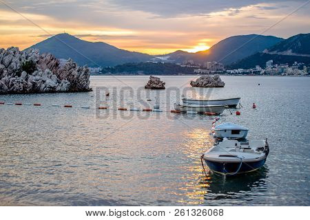 Summer Sunset In Przno Bay In Montenegro