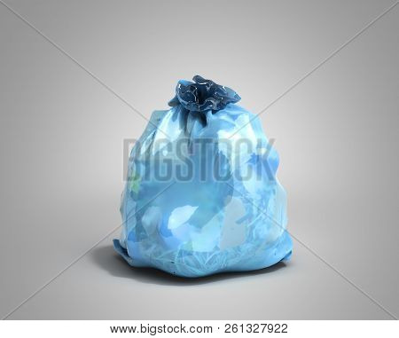 Close Up Of Blue Garbage Bag 3d Render On Grey Background