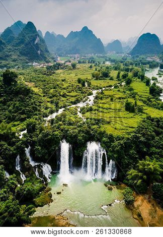 Ban Gioc Detian Waterfall On The Border Between China And Vietnam Aerial View