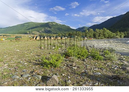 Сamp Site On The Bank Of The Chuya River. The Neighborhood Of The Village Of Chibit, Altai, Russia.