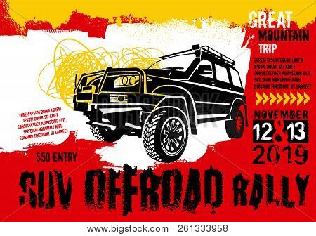 Off-road Event Vector Poster. Landscape Illustration In Grunge Style With Unique Lettering. Portrait