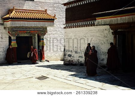 Labrang Monastery, Xiahe, Gansu Province / China - Jun 6 2011: Tibetan Buddhist Monks Gather In One 