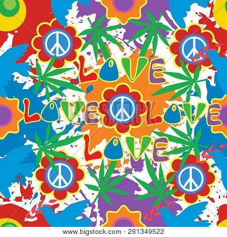 Background In The Style Of 60x. Psychedelic Seamless Pattern. Hippie, Cannabis Leaves, Flowers, A Sy