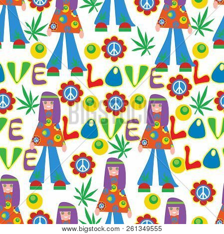 Background In The Style Of 60x. Psychedelic Seamless Pattern. Hippie, Cannabis Leaves, Flowers, A Sy