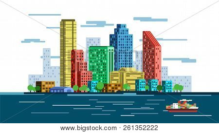 Flat Vector City Skyline Illustration. Colorful Waterfront With Skyscrapers, Smaller Buildings And C