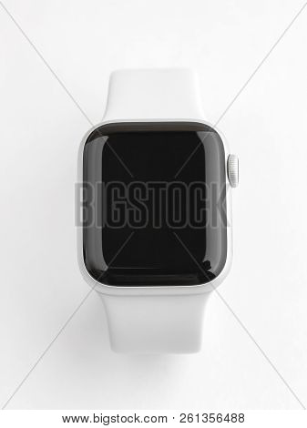 Rostov-on-don, Russia - October 2018. Apple Watch Series 4 On Gray Background. New Smart Watches Fro