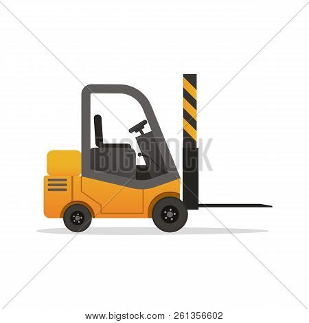 Vector Yellow Forklift Truck On White Background. Isolated Electric Uploader Of Flat Cartoon Style