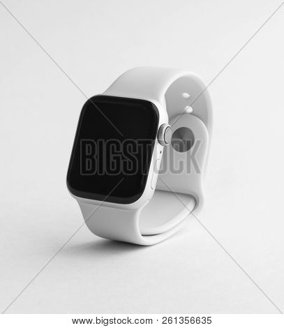 Rostov-on-don, Russia - October 2018. Apple Watch Series 4 On Gray Background. New Smart Watches Fro